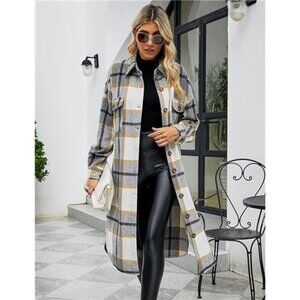 Gray Plaid Printed Button‎ Down Long Midi Trench Flannel Jacket Shacket Coat